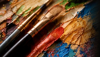 Artist's paint brushes and rich paint colours
