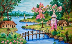 Radha Krishna riverside landscape painting