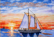 Sailing boat at sunset painting