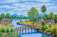 Peaceful village and river landscape painting
